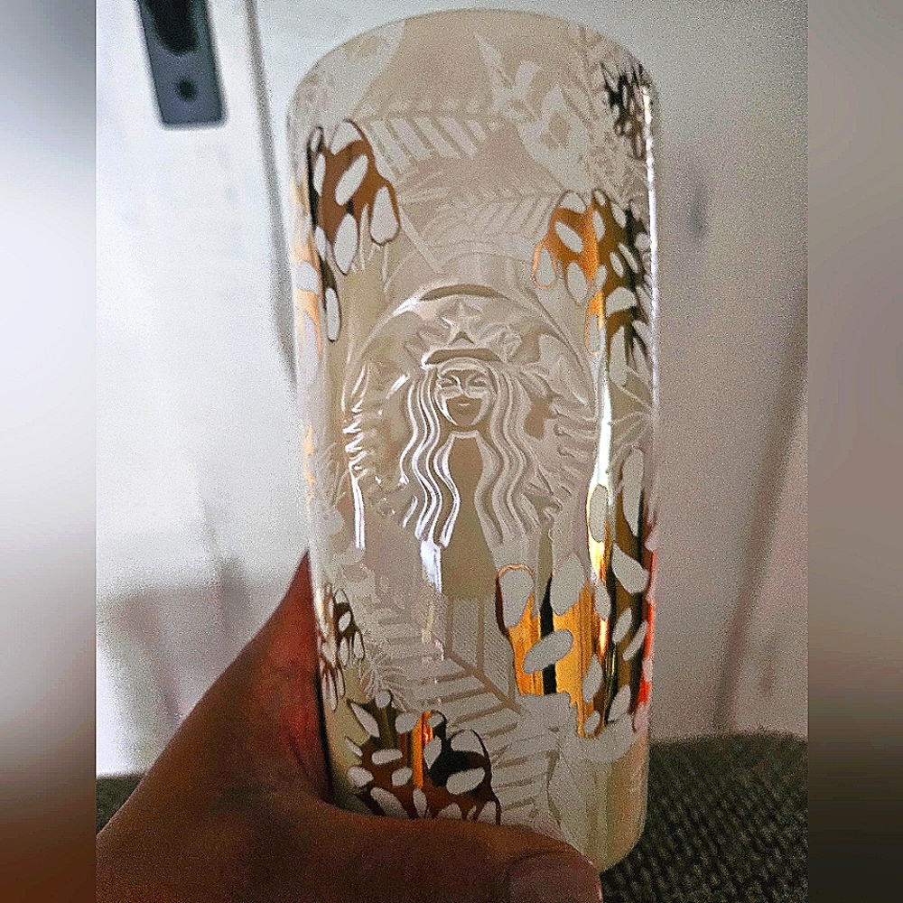 STARBUCKS gold pinecone ceramic tumbler